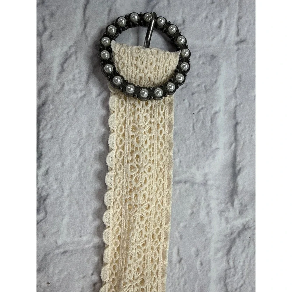 Lace Canvas Belt Womens Size 3 Cream Excellent Pearl Buckle Boho Cottage